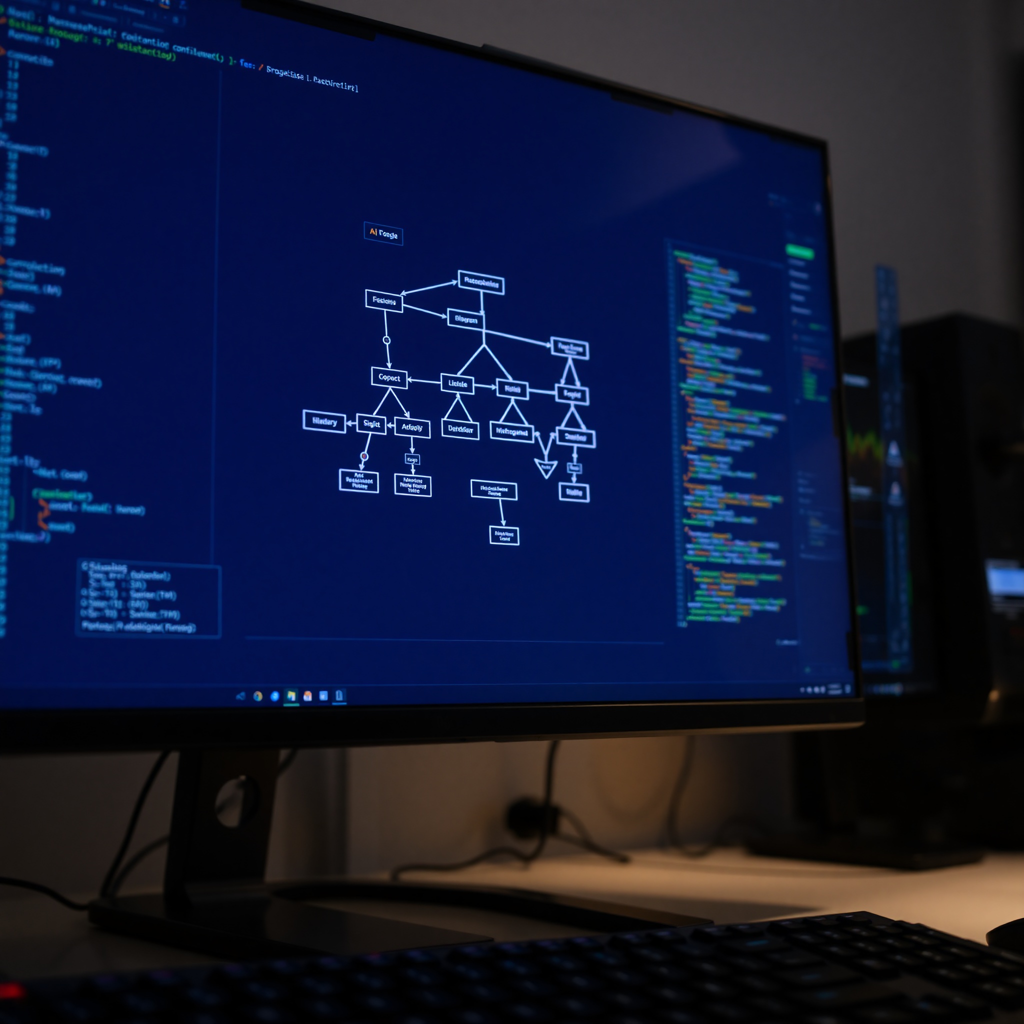 Pantalla de computadora mostrando interfaz de árbol de comportamiento para IA de juego, diagramas de nodos conectados, entorno de desarrollo profesional