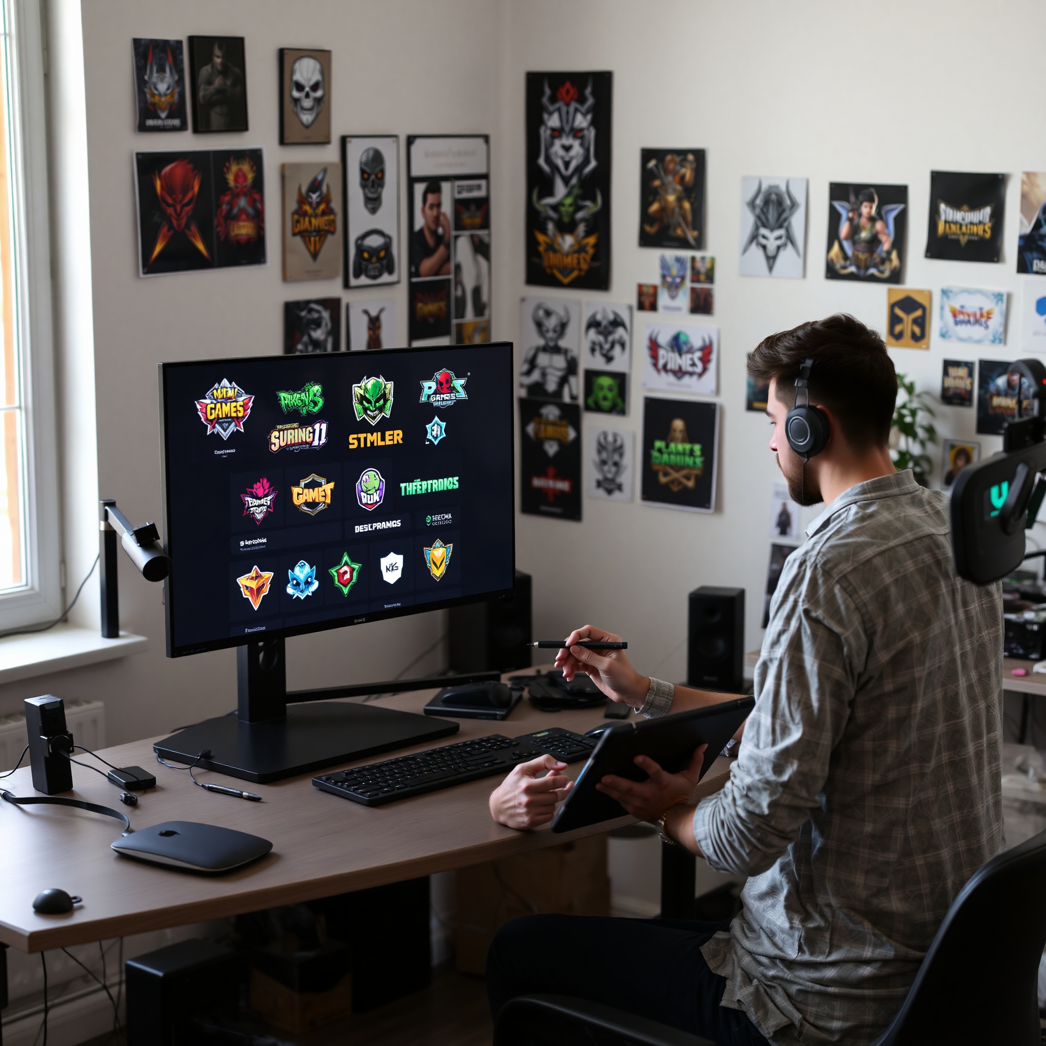 Diseñador gráfico creando logotipos y branding para studio de videojuegos