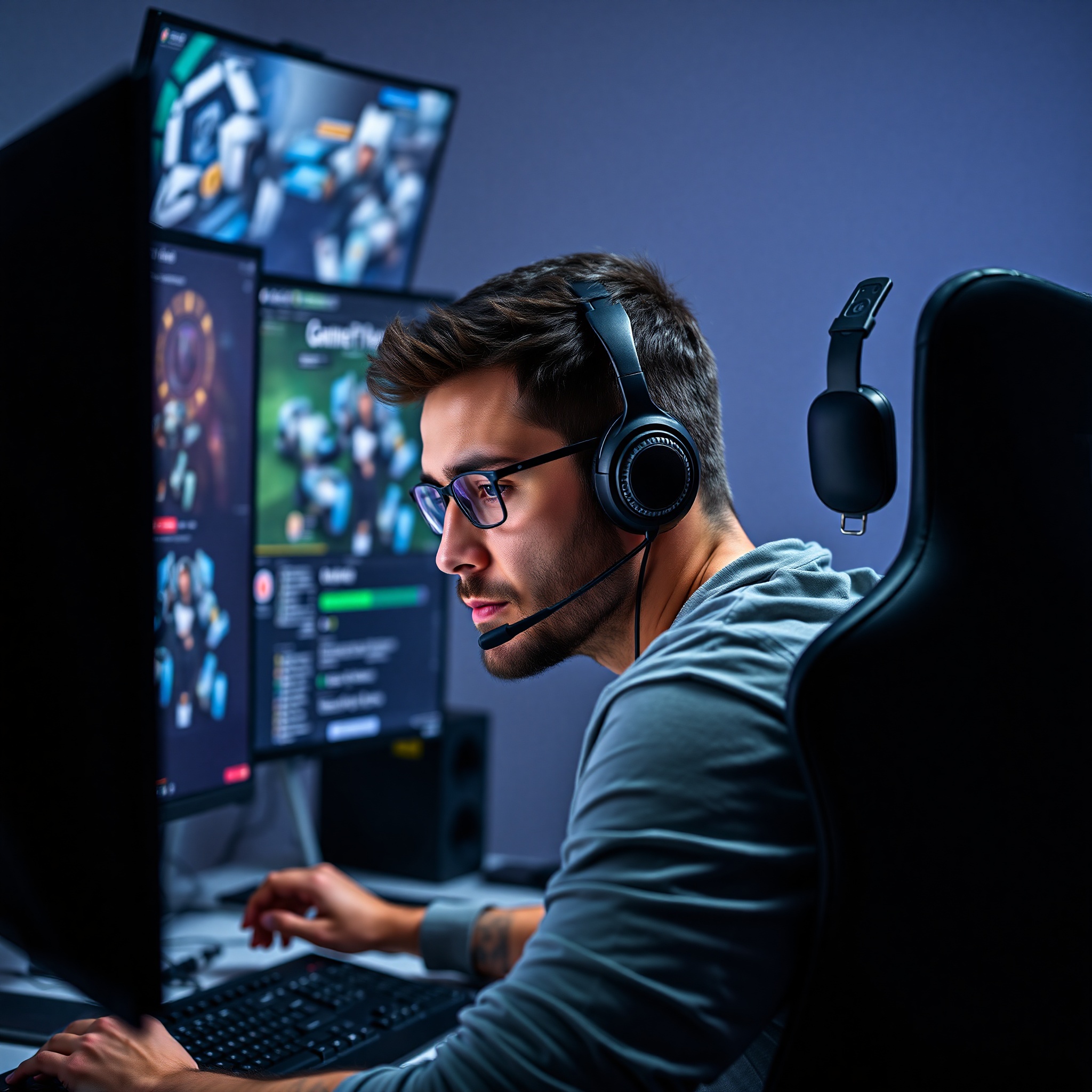 Profesional desarrollador de videojuegos trabajando en motor gráfico con múltiples pantallas