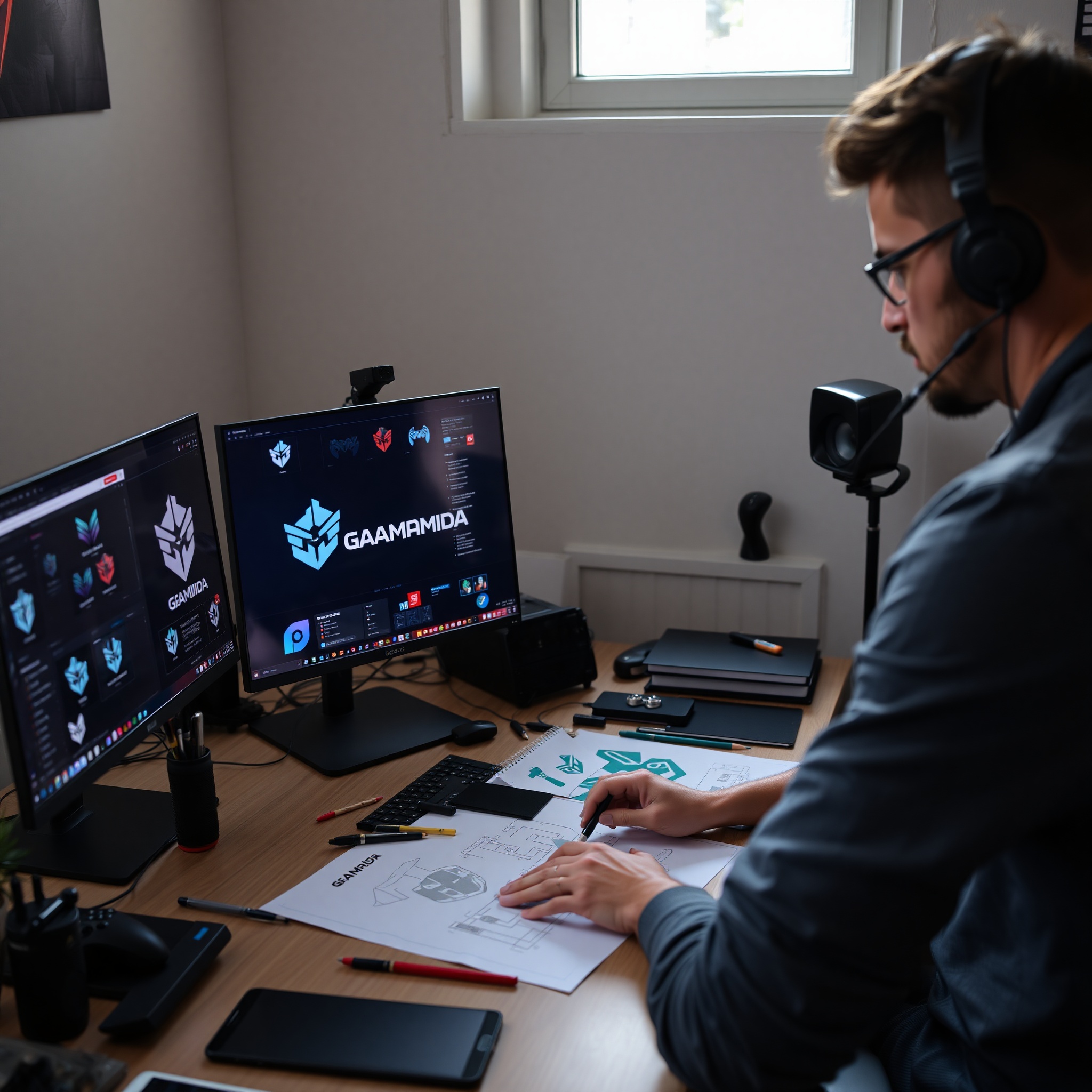 Diseñador gráfico creando logotipos y branding para studio de videojuegos