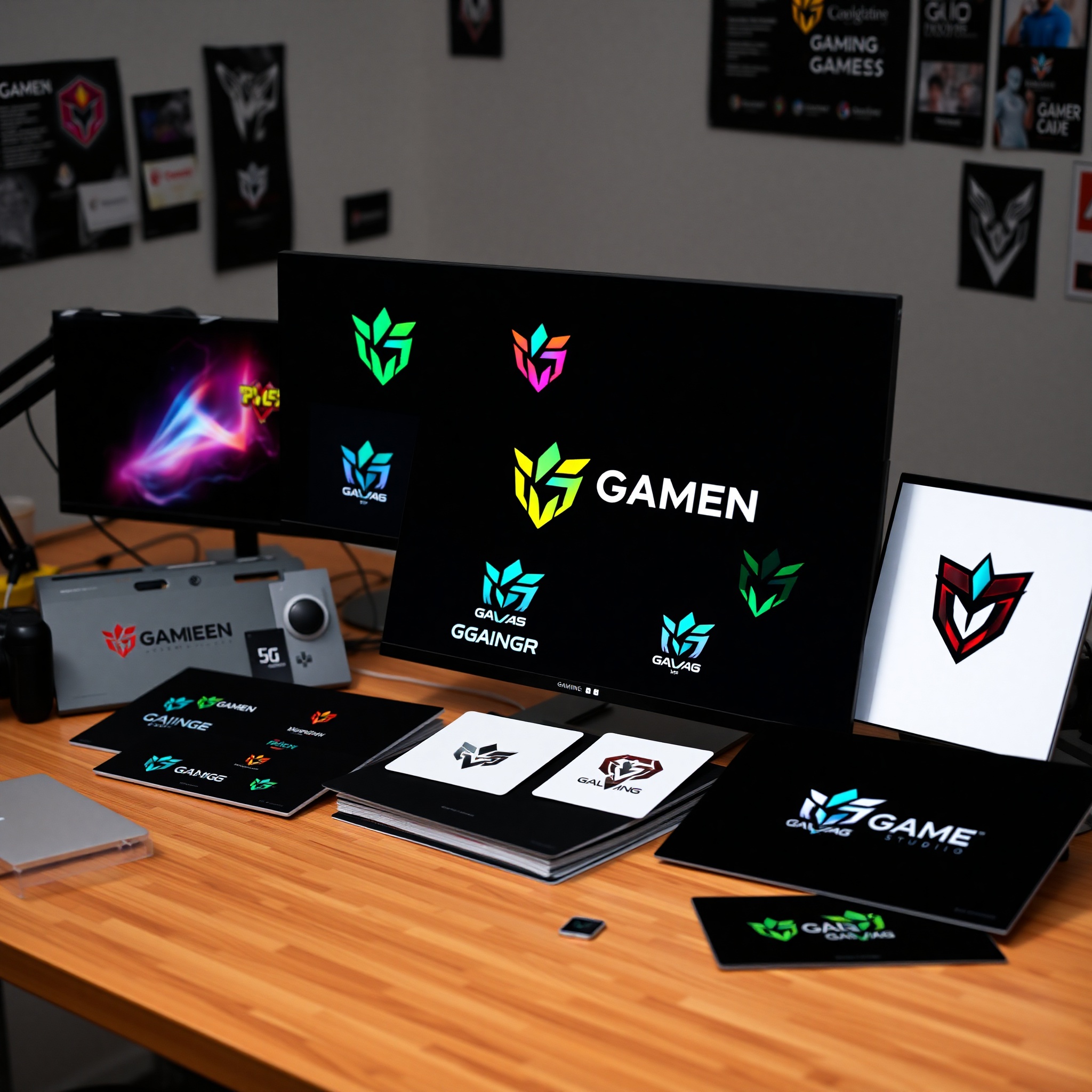 Logo y branding profesional para estudios de juegos, identidad visual colorida