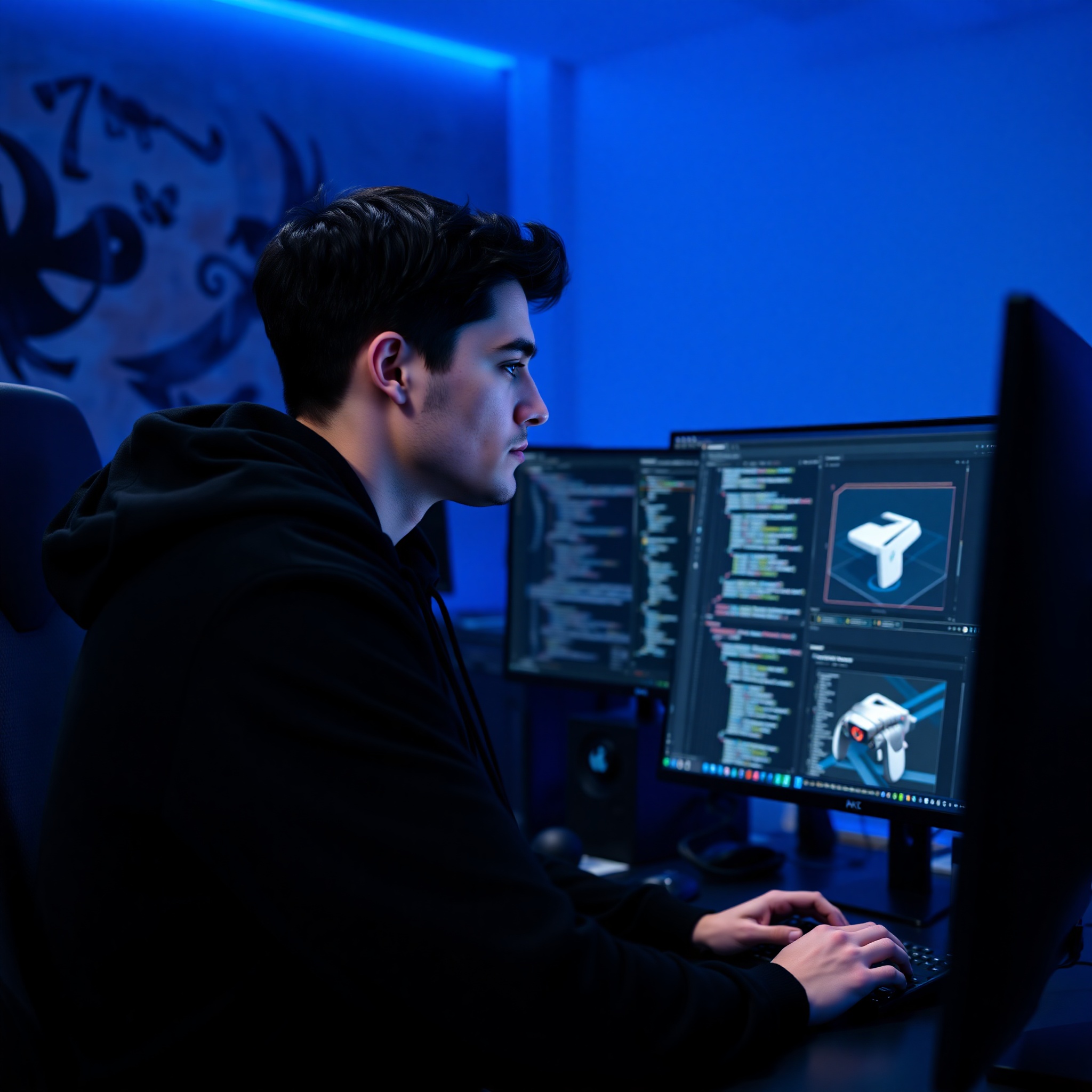 Profesional programador trabajando con código de motor gráfico en múltiples monitores, ambiente de oficina moderna con iluminación azul, vista de escritorio